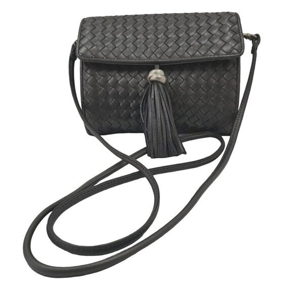 80s Aspects NY Tassel Woven Leather Crossbody/Clutch Bag Slim Strap Gray Silver - Picture 1 of 12